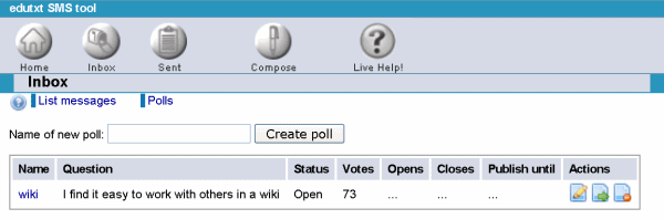 Sample view of manage polls page